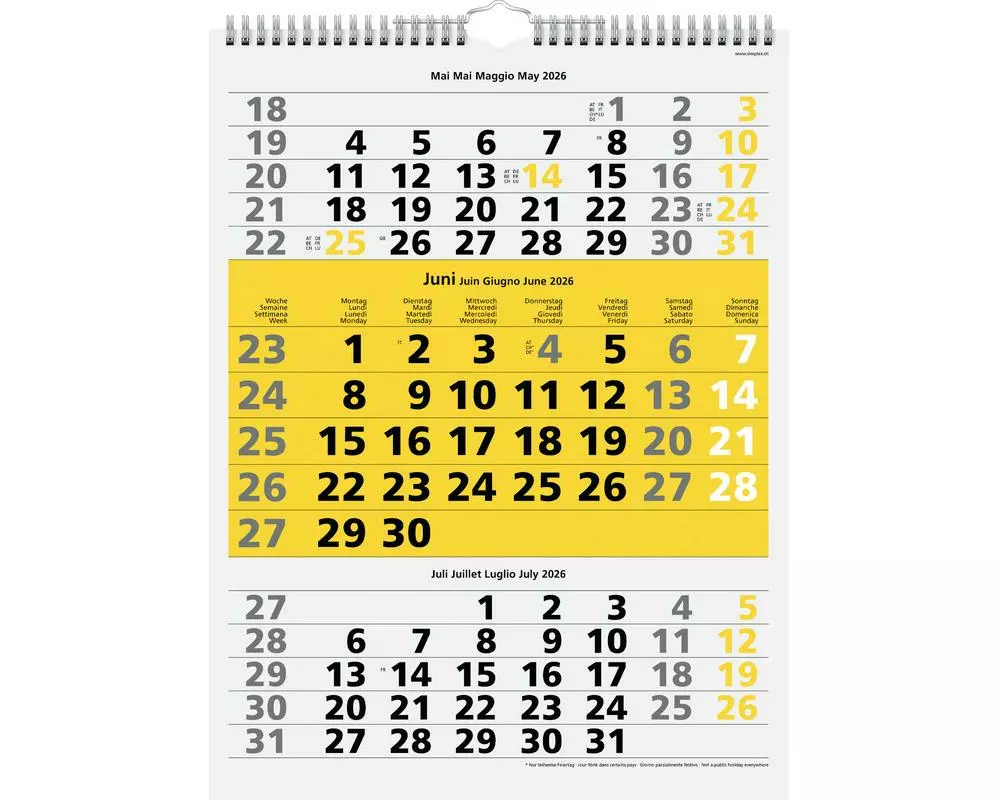 Simplex 3-Monatskalender mit Spiralbindung 2026, 31 x 40 cm, Gelb