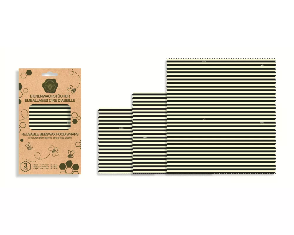 nuts innovations Bienenwachstuch Streifen 3 Stück, Schwarz/Weiss