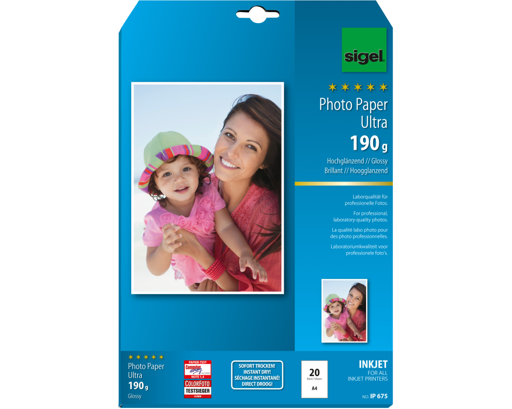 SIGEL InkJet Fotopapier A4 IP675 190g,glossy, weiss 20 Blatt