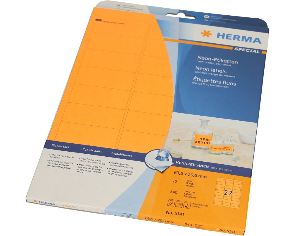 HERMA Neonetiketten A4 63.5 x 29.6 mm, Neon-Orange, 540 Stück