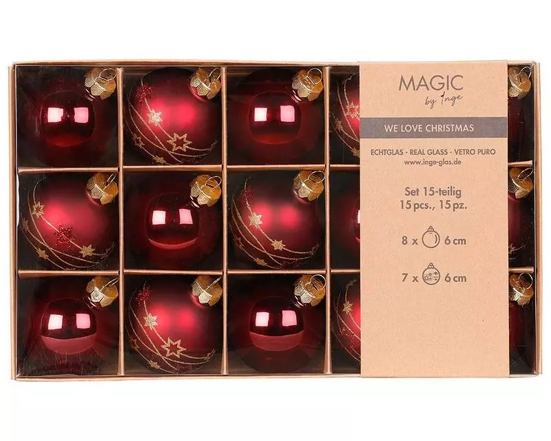 INGES CHRISTMAS DECOR Weihnachtskugel 6 cm Dunkelrot, 15 Stück