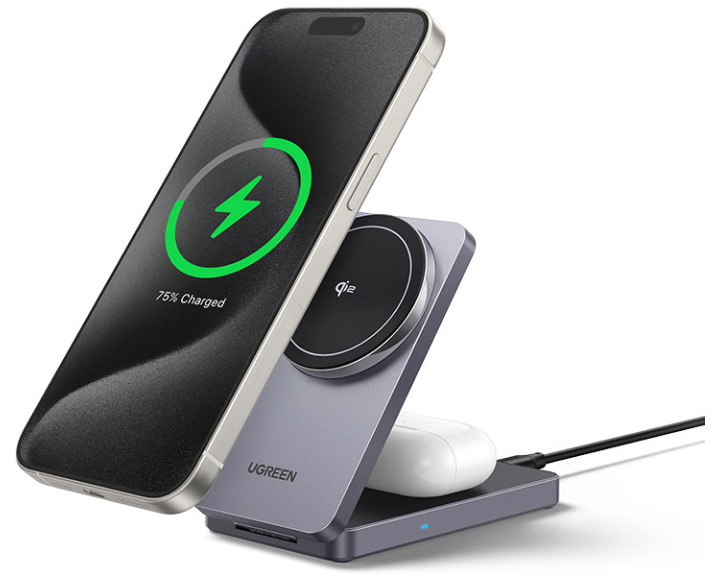 UGREEN Wireless Charger 2in1,20W,Qi2 45023 iPhone,AirPods,Gray