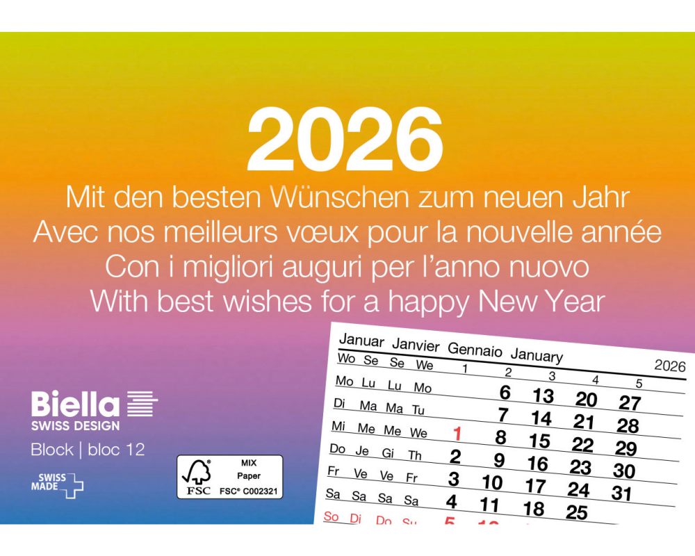 BIELLA Abreissblock Nr.12 2026 889012000026U 1M/1S mehrfarbig ML 11x7.7cm