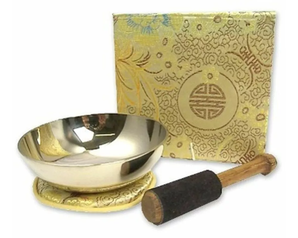 Flache Klangschale in Box mit cremefarbigem Stoffbezug