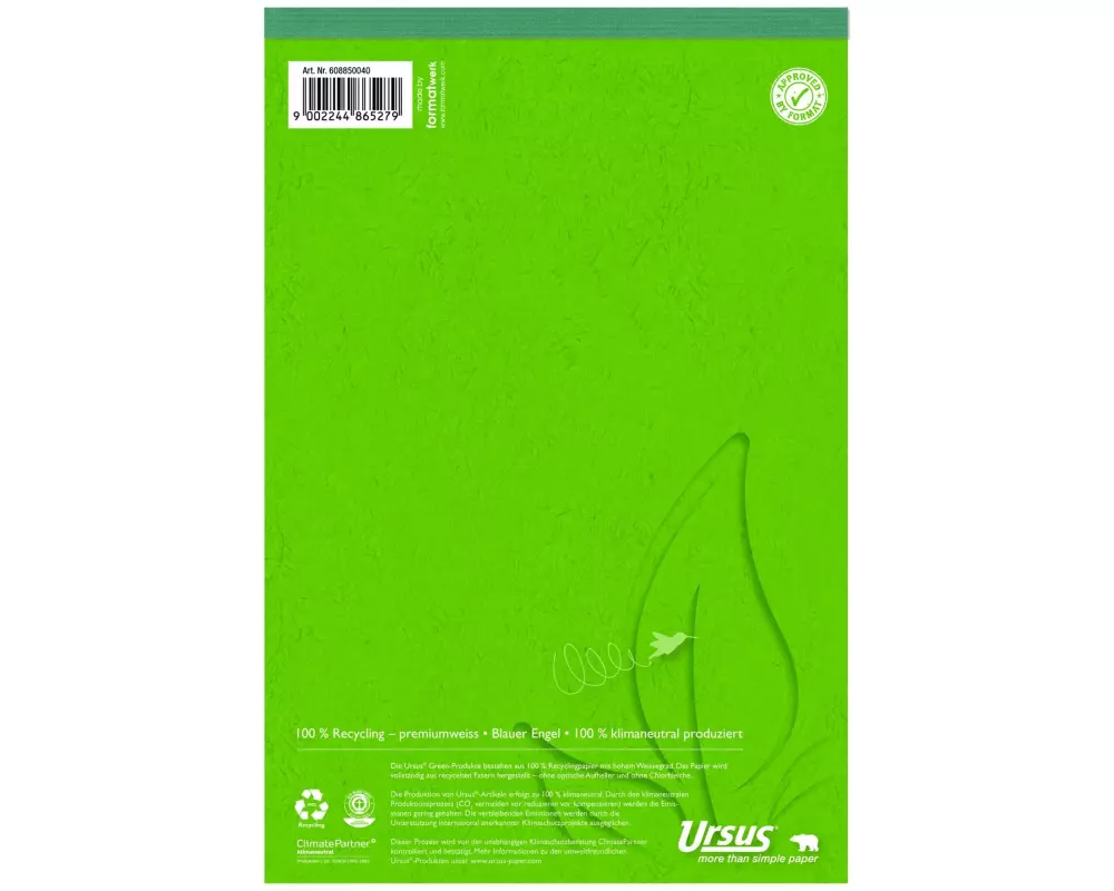 Ursusgreen Notizblock Green A5, kariert, 100 Blatt, 5 Stück