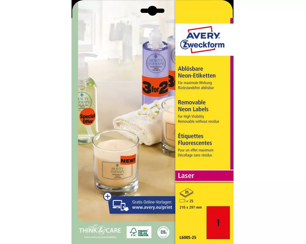 Avery Zweckform Vielzweck-Etiketten 210 x 297 mm, 25 Blatt, Neonrot