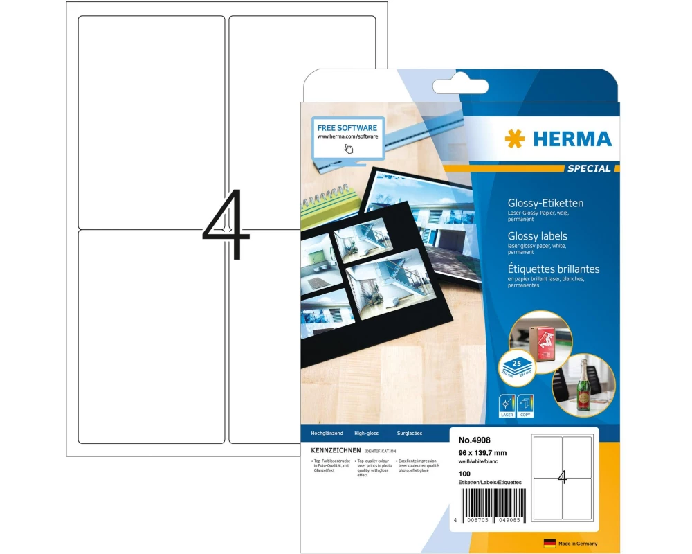 HERMA Etiketten Hochglanz, A4, 96 x 139.7 mm, weiss, permanent