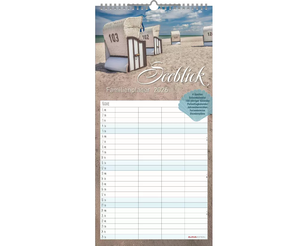 Alpha Edition – Familienplaner Seeblick 2026 – Familienkalender 22x45 cm mit 4 Spalten, FSC-zertifiziert, Landschaftsbilder, viele praktische Zusatzin