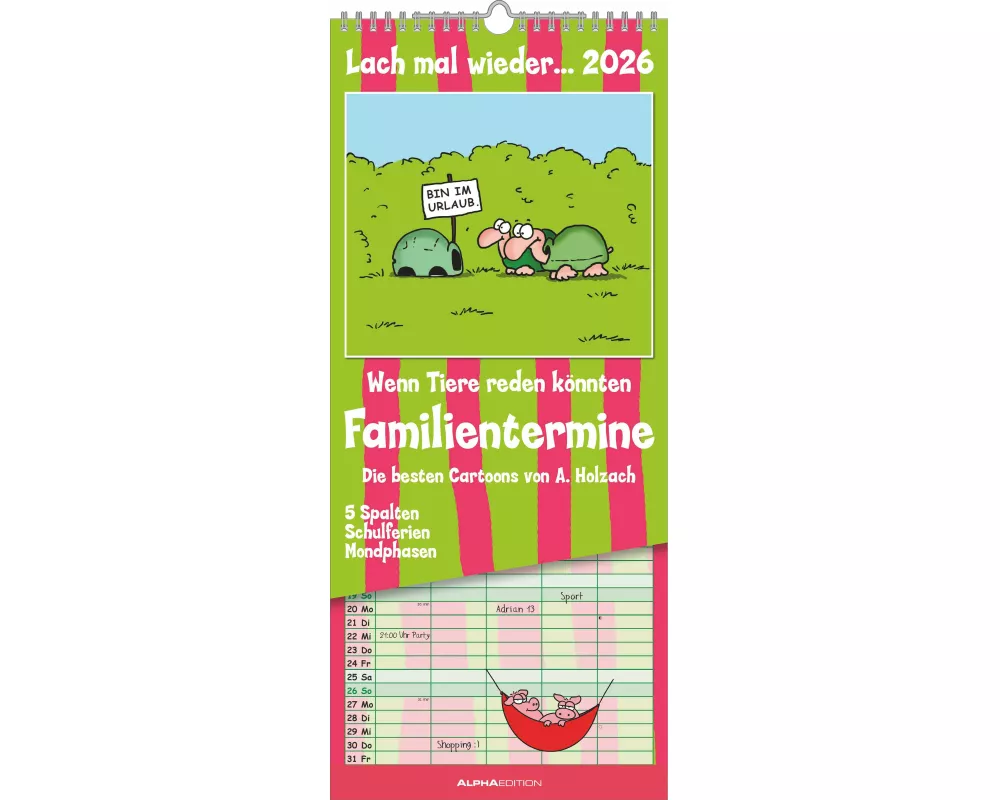 Alpha Edition - Lach mal wieder… Familienplaner 2026 - 19,5×45 cm mit 5 Spalten & lustigen Cartoons, mehrsprachiger Familienkalender/Wandkalender für