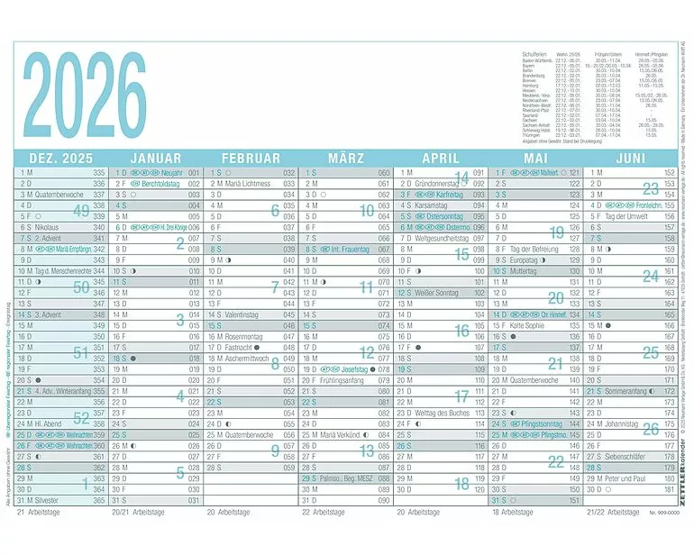 Zettler Arbeitstagekalender grau/türkis A4 2026 – Bürokalender 30 × 21 cm, 7 Monate pro Seite inkl. Dez. 2025 & Jan. 2027, Arbeitstage-, Tages- & Woch
