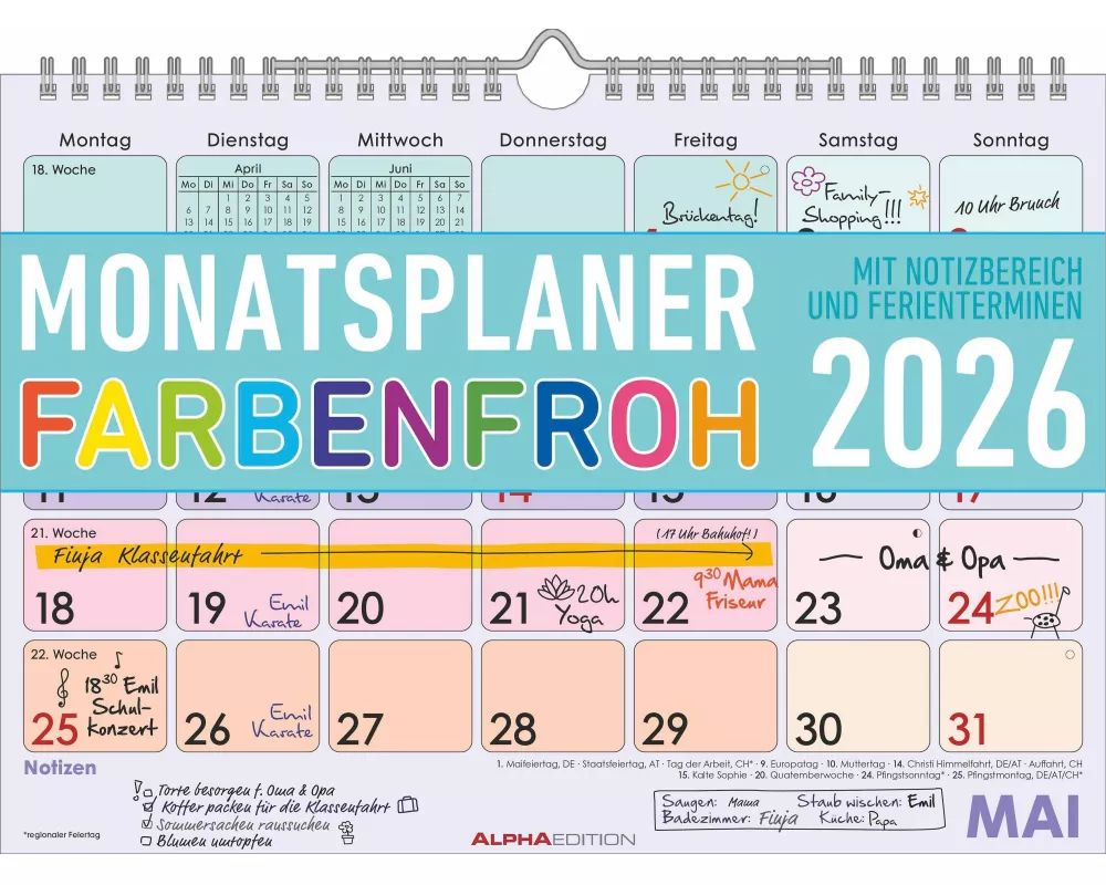 Alpha Edition - Monatsplaner 1M/S Farbenfroh 2026 – DIN A4 Wandkalender mit Monatsübersicht & Wochenzählung – praktischer Büro- und Familienplaner