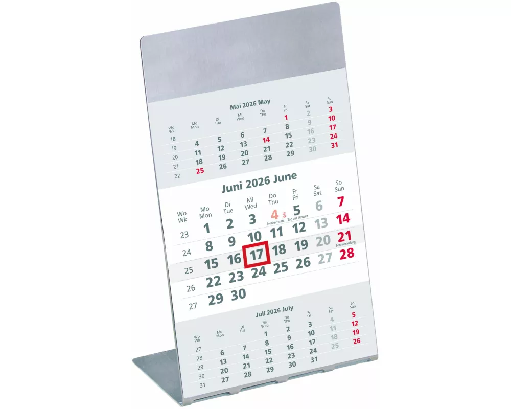 Zettler 3-Monatskalender mit Edelstahlaufsteller 2026 – Tischkalender 11 × 16 cm, 3 Monate pro Blatt, Datumsschieber, Magnetstreifen, Edelstahlgehäuse