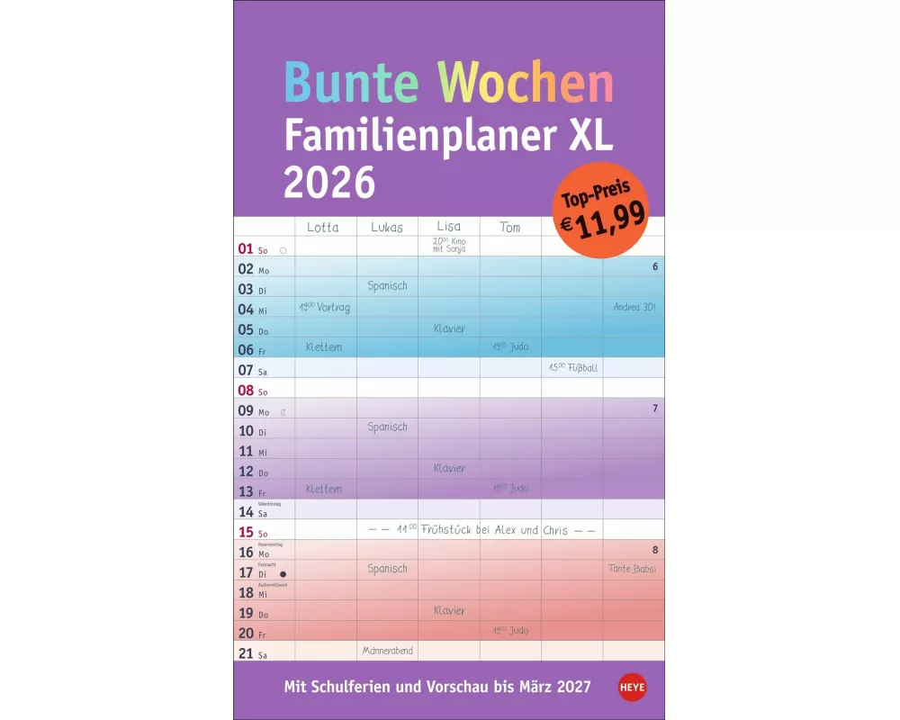 Bunte Wochen Familienplaner XL 2026