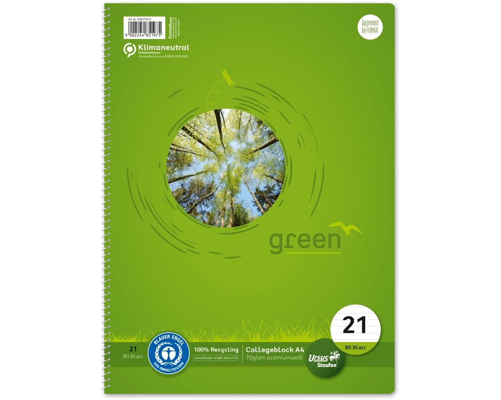 URSUS Collegeblock green A4 608570010 liniert, 70g, 80 Blatt