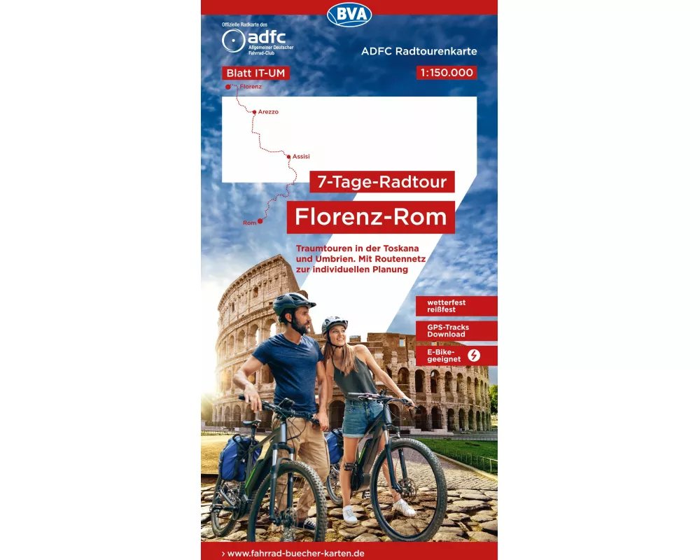 BVA ADFC Radtourenkarte 7-Tage-Radtour Florenz-Rom, 1:150.000