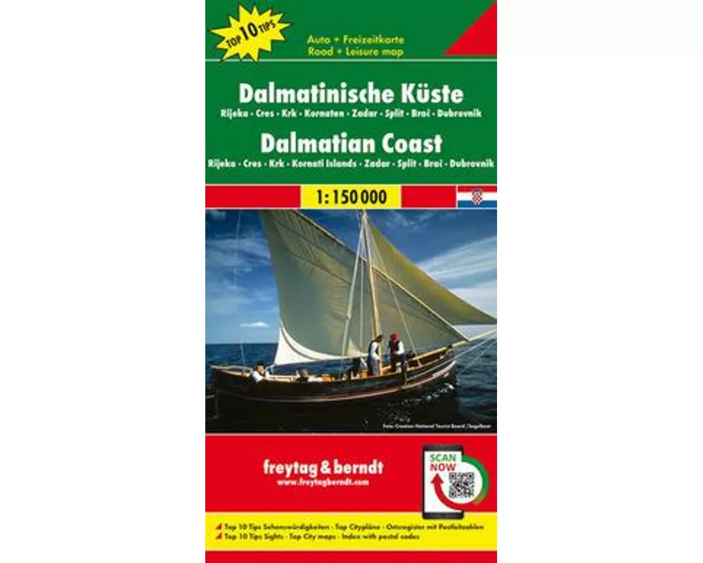 Dalmatinische Küste, Rijeka - Cres - Krk - Kornaten - Zadar - Split - Brac - Dubrovnik, Autokarte 1:150.000, Top 10 Tips