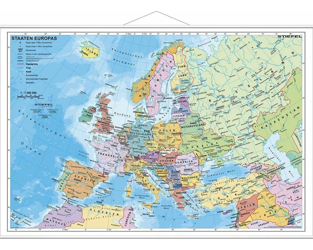 Staaten Europas, politisch 1 : 7 200 000. Wandkarte Kleinformat mit Metallstäben
