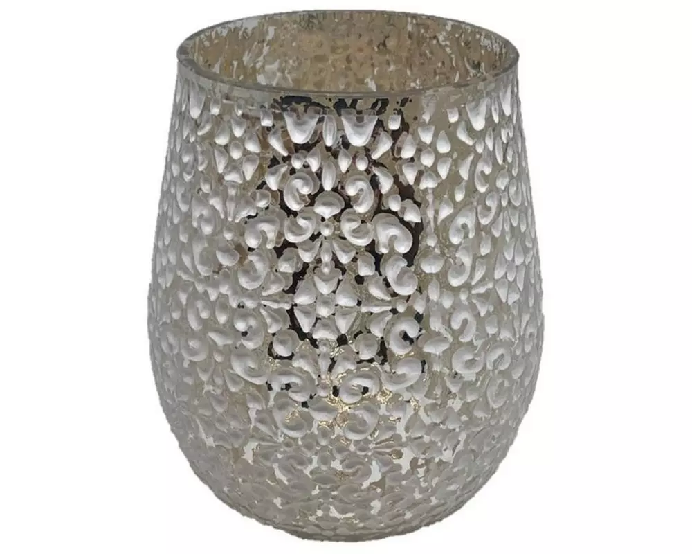 Dameco Weihnachtswindlicht mit Blütenmuster 12.5 cm, Silber/Weiss