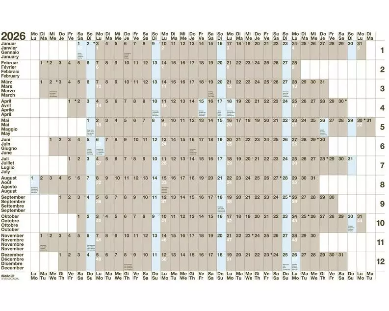 Biella Kalender Jahres-Wandplaner 69.5 x 46 cm