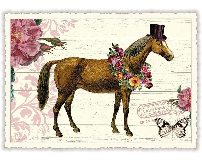 Postkarte / Pferd mit Zylinder / quer / blanko