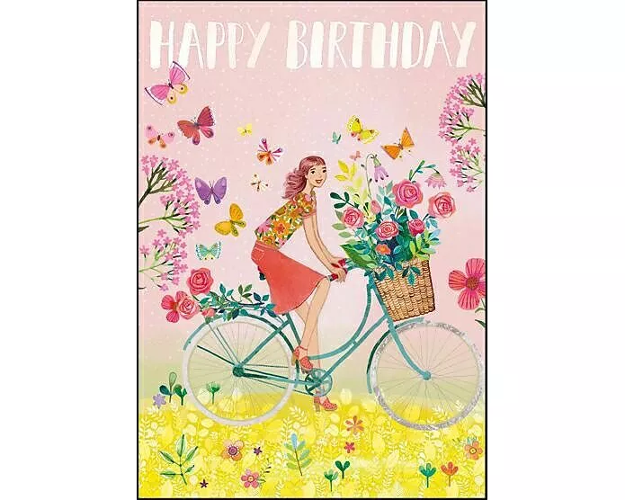 Doppelkarte. Happy Birthday (Frau auf Fahrrad)