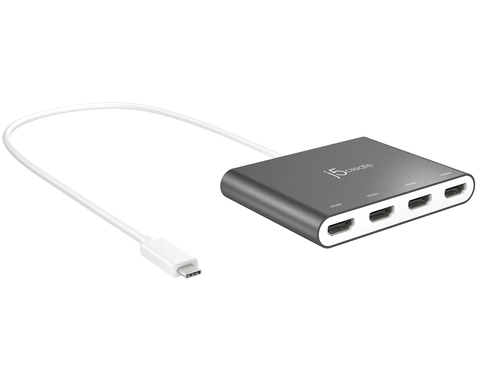 j5create JCA366-N USB-C to 4-Port HDMI Multi-Monitor Adapter, Silver. USB version: 3.2 Gen 1 (3.1 Gen 1), USB connector type: USB Type-C, USB connector gender: Male. Product colour: Silver, Housing material: Aluminium. Power consumption (max): 4.5 W, Output voltage: 5 V. Windows operating systems supported: Windows 10, Mac operating systems supported: Mac OS X 10.11 El Capitan, Mac OS X 10.12 Sierra, Mac OS X 10.14 Mojave, Mac OS X 10.15 Catalina,..., Minimum processor family: Core i5, Core i7