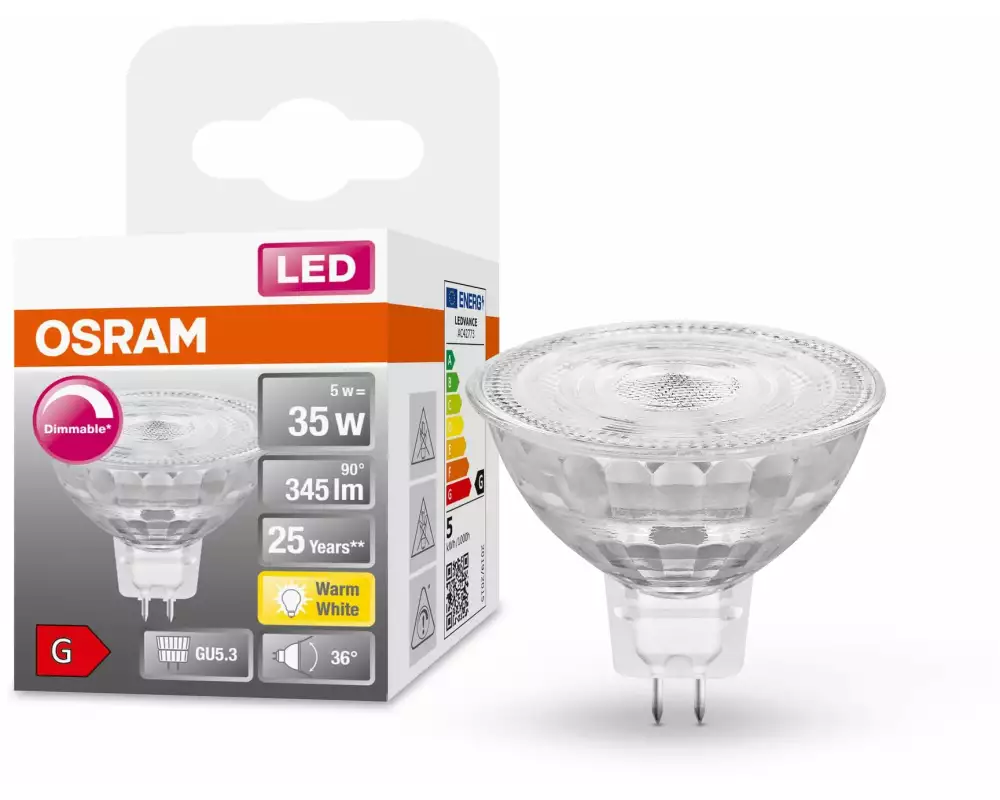 OSRAM Lampe Superstar Mr 16 35 36 °, 5W, GU5.3, Dim, Warmweiss