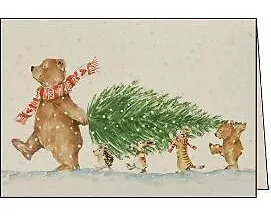 Doppelkarte. Tiere tragen einen Tannenbaum/ blanko