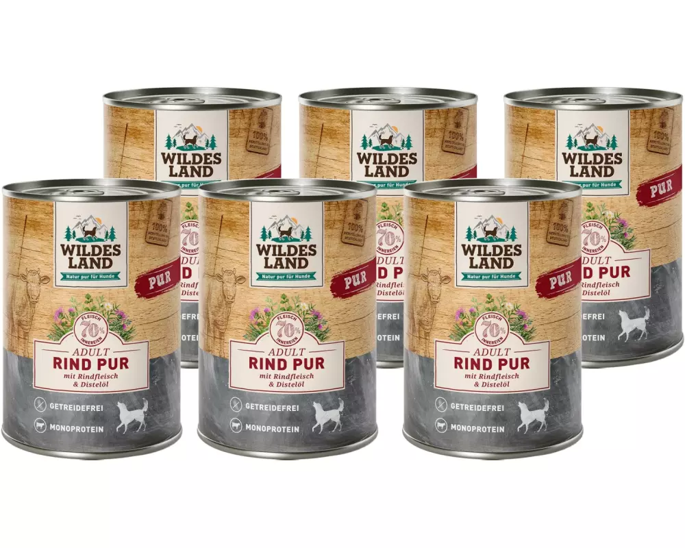 Wildes Land Nassfutter Dog Adult Rind PUR mit Distelöl, 6 x 400 g