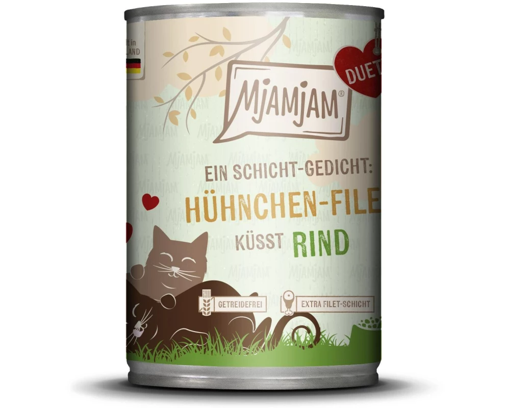 Mjamjam Nassfutter Duett Hühnchen-Filet küsst Rind, 390 g