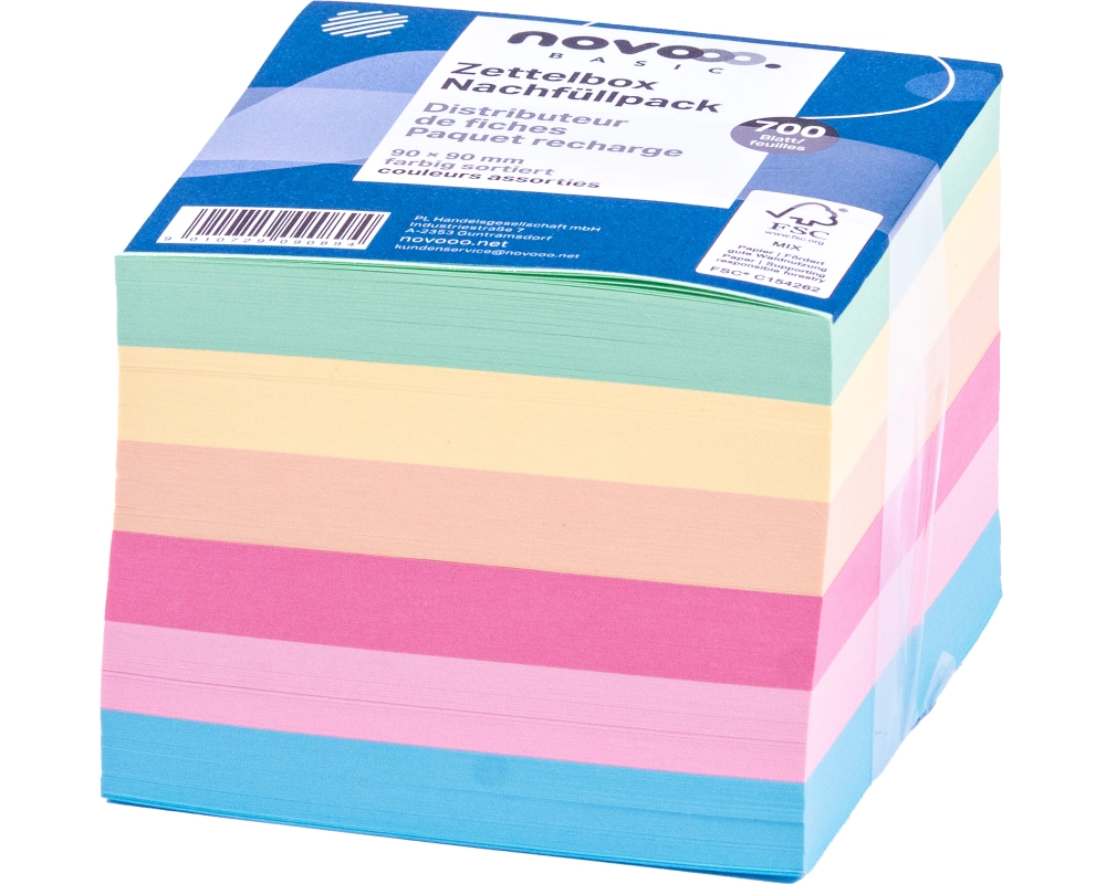 novooo. Zettelbox Papier 90 x 90 mm, farbig assortiert