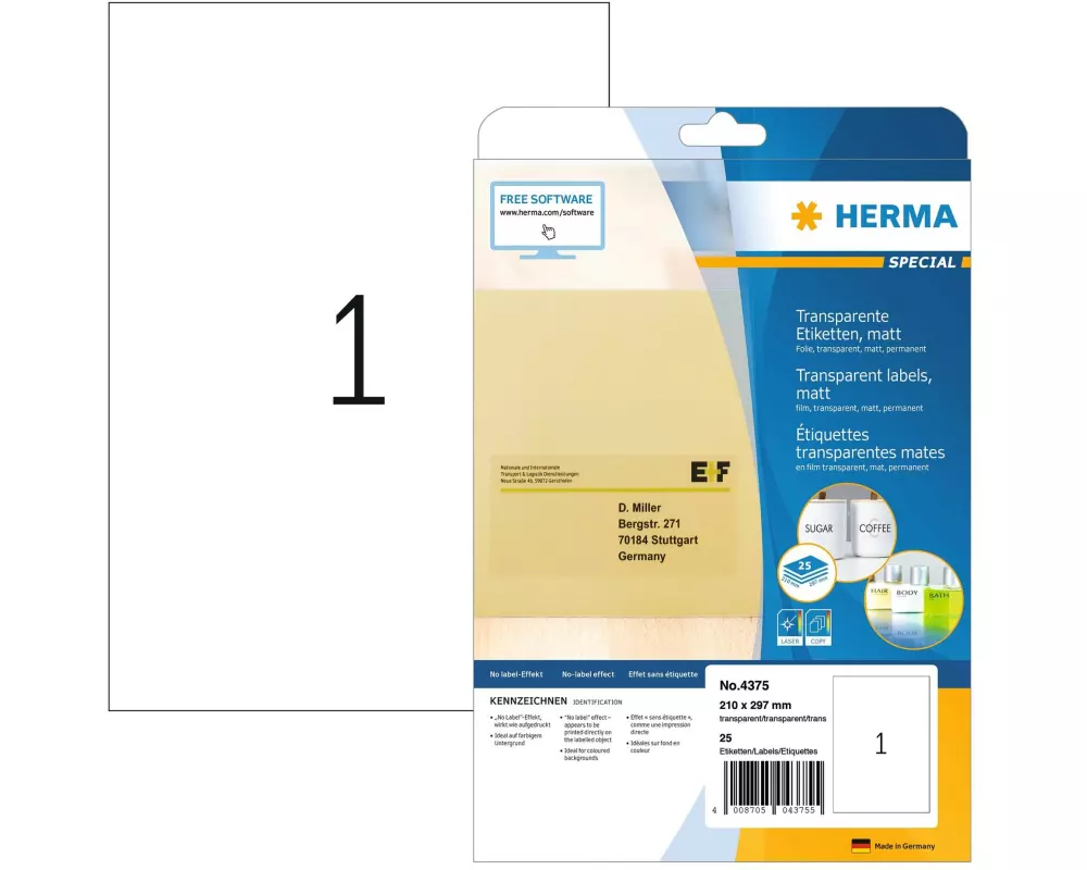 HERMA Universal-Etiketten A4 transparent, Wetterfest, 25 Etiketten