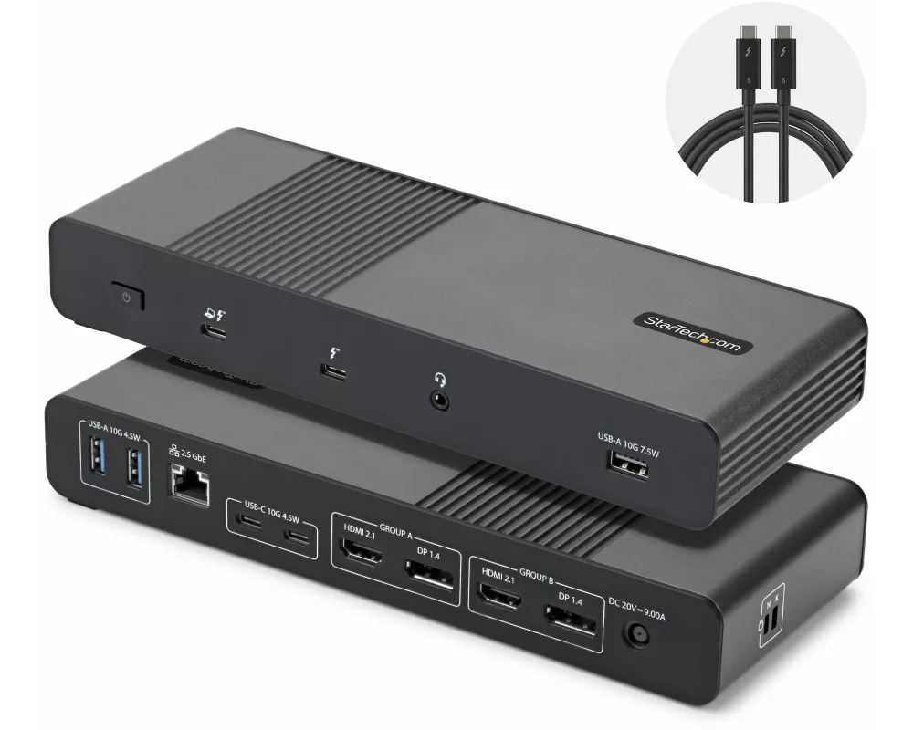 StarTech.com 206UE-TB5USB4DOCK laptop dock/port replicator Kabelgebunden Thunderbolt 5 Schwarz, Grau