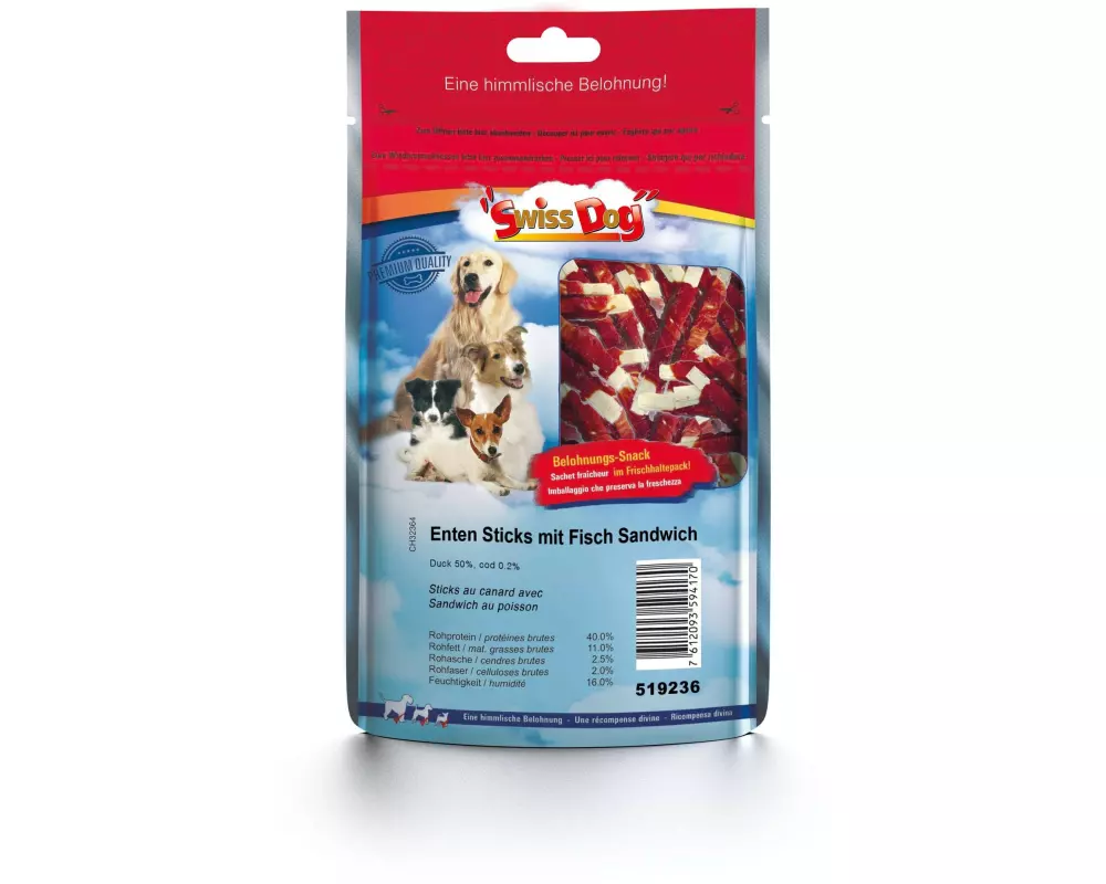SwissDog Kausnack Enten Stick mit Fisch Sandwich 100 g