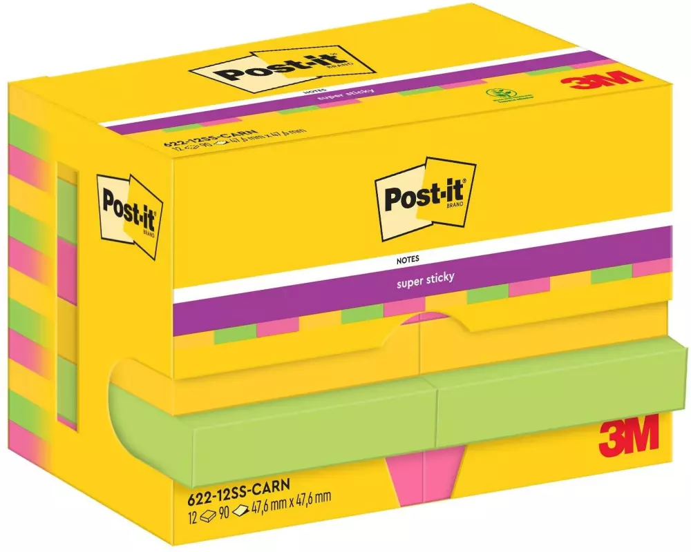 Post-it Notizzettel Super Sticky 47 x 47 mm, Carnival, 12 Blöcke