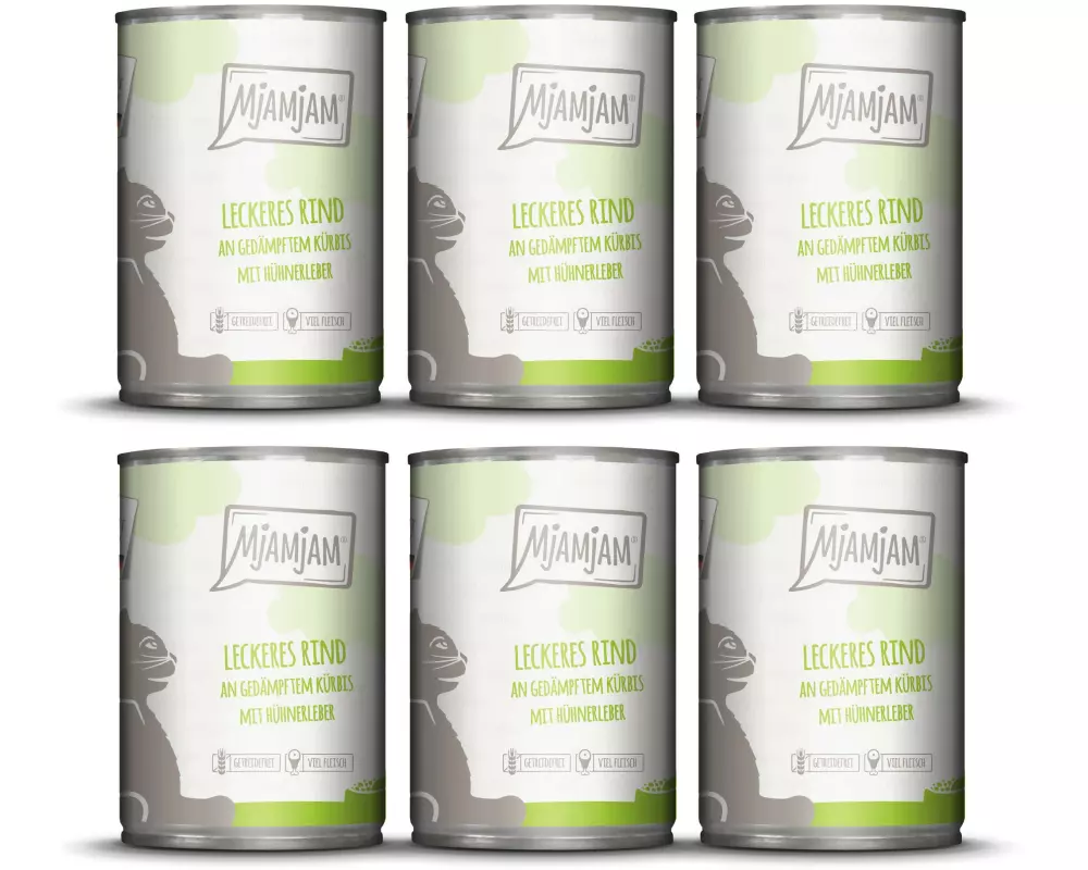 Mjamjam Nassfutter Dose Rind & Kürbis, 6 x 400 g