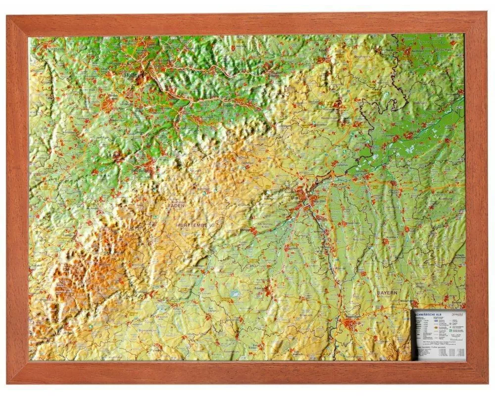 Relief Schwäbische Alb 1:430.000 mit Holzrahmen