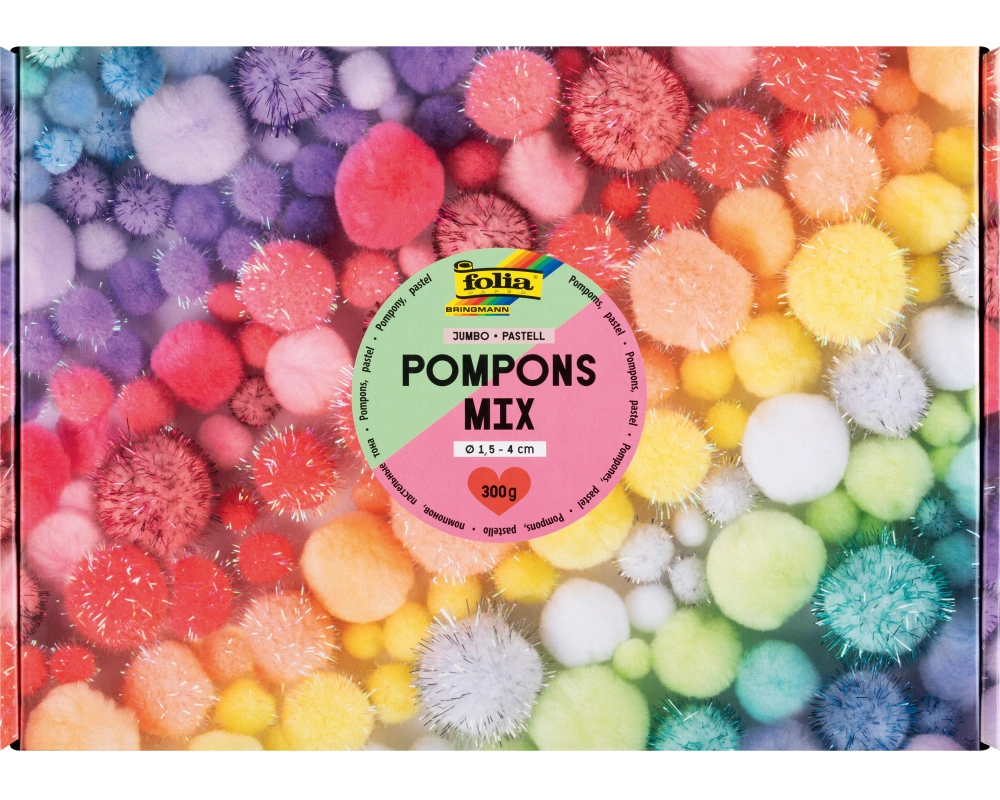 FOLIA Pompons Mix pastel 300g 50349 Jumbo Pack, 1.5-4cm