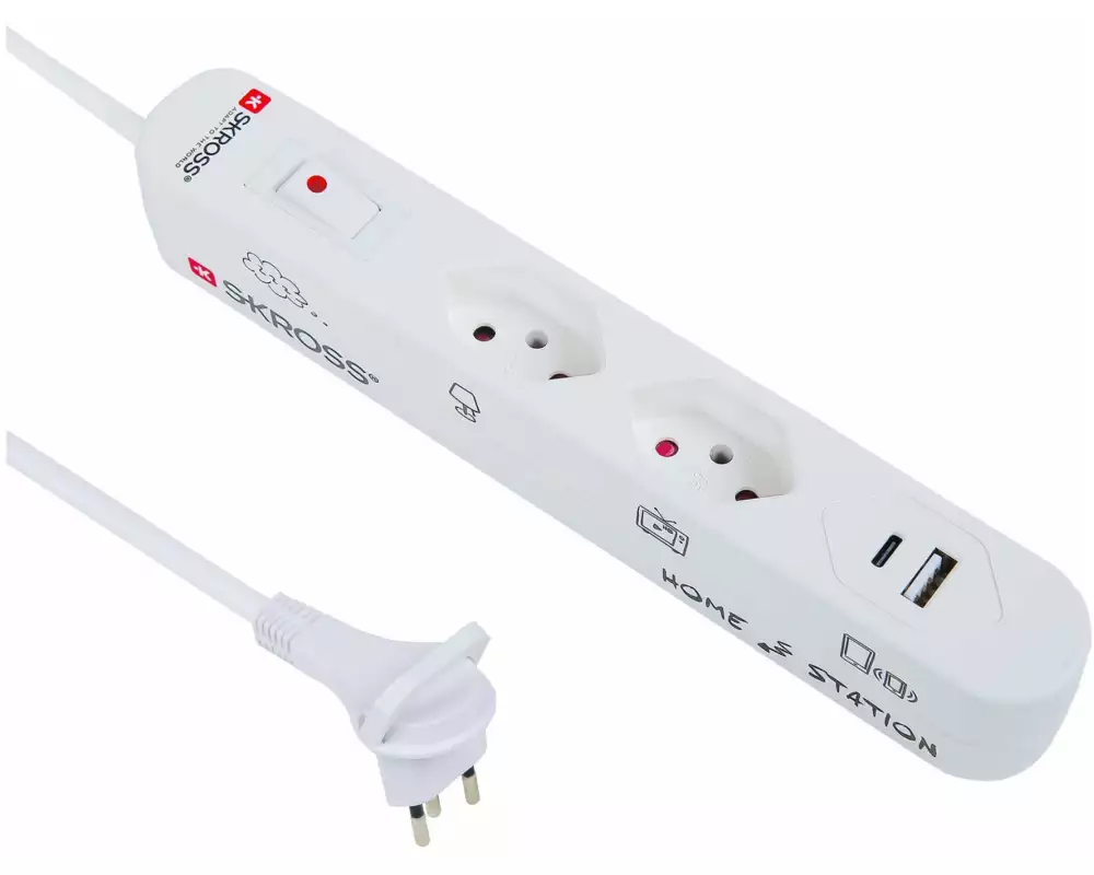 SKROSS Steckdosenleiste 2 x T13, USB-A+C, mit Schalter, 1.5 m