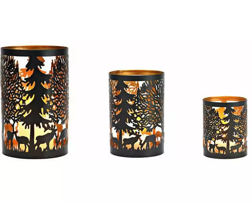 G. Wurm Weihnachtswindlicht Winterszene 3 Stück, Gold/Schwarz