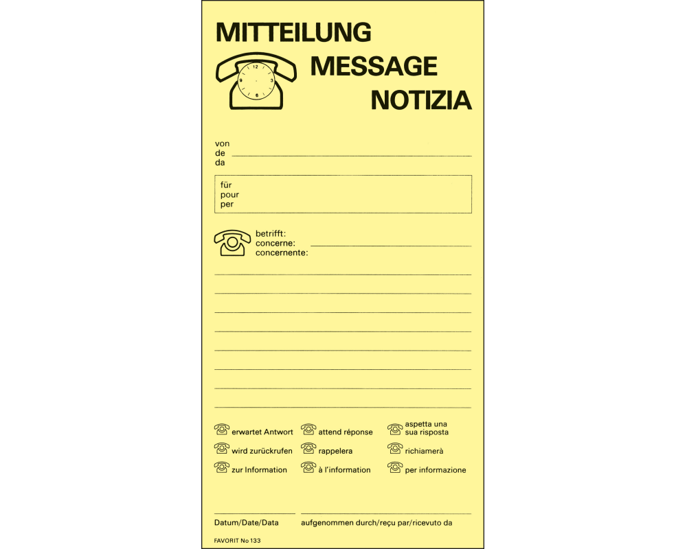 FAVORIT Gesprächstnotiz D/F/I 133 GELB gelb 10,5x20,2cm 60 Blatt