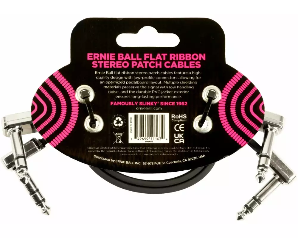 Ernie Ball Patch-Kabel 6405 Flat Ribbon, 2er Pack – 0.3 m, Schwarz