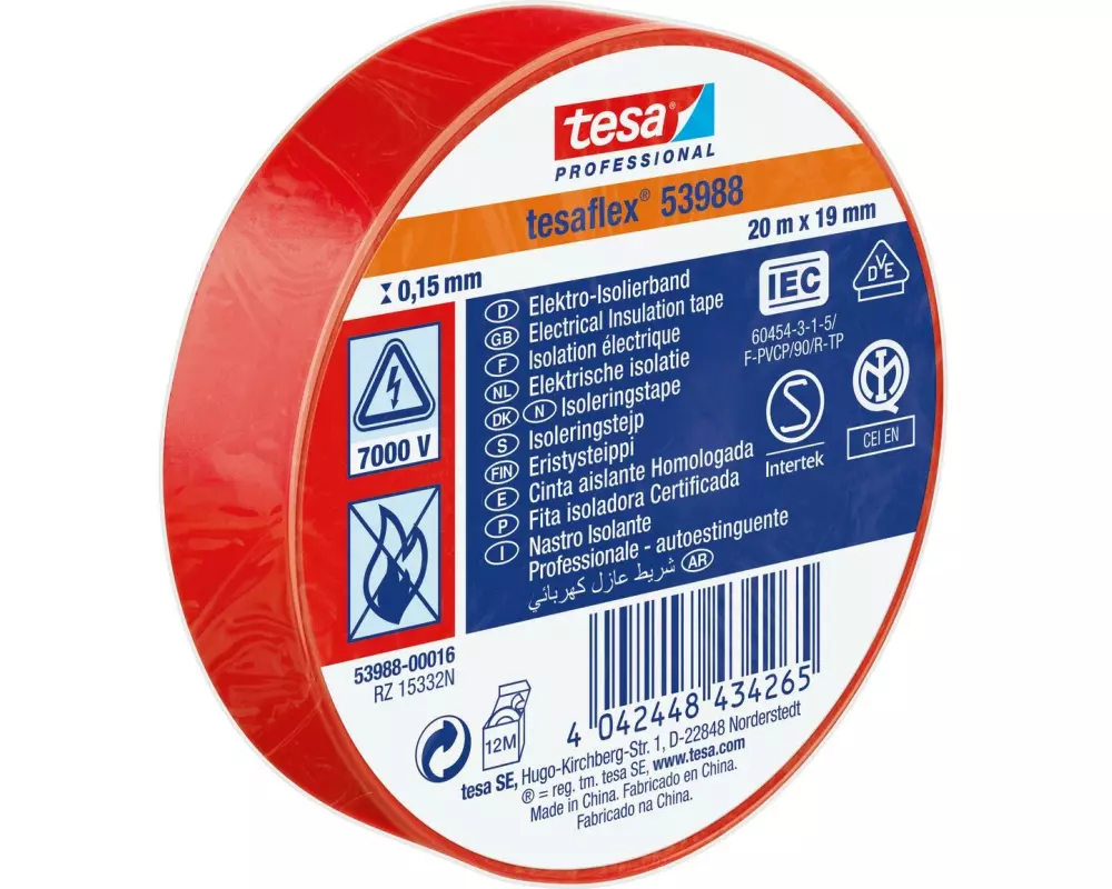 tesa 53988 Isolierband 19 mm x 20 m, Rot