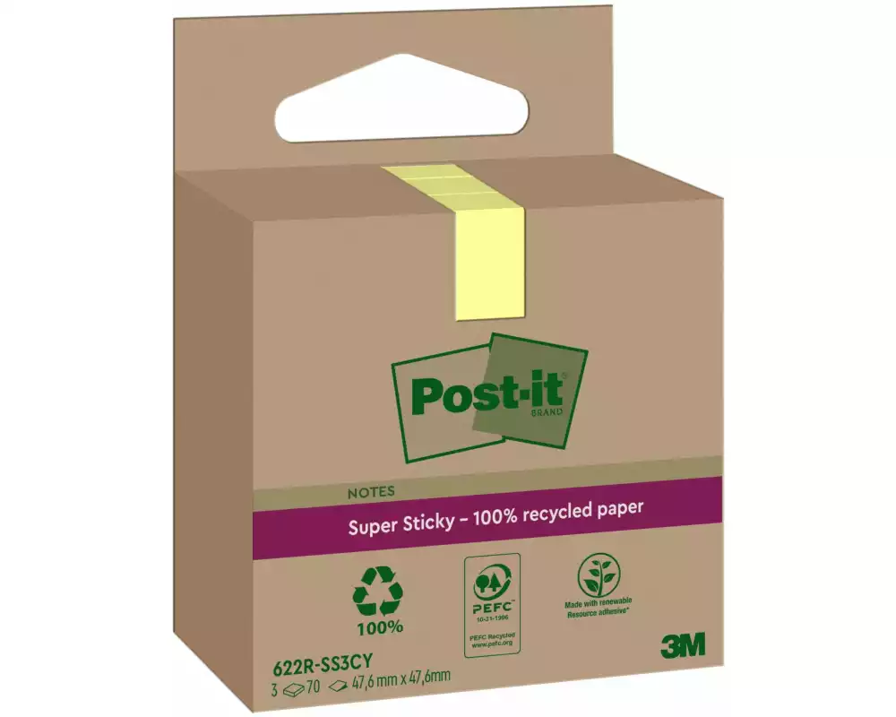 Post-it Notizzettel Super Sticky Recycling, Gelb, 3 Blöcke