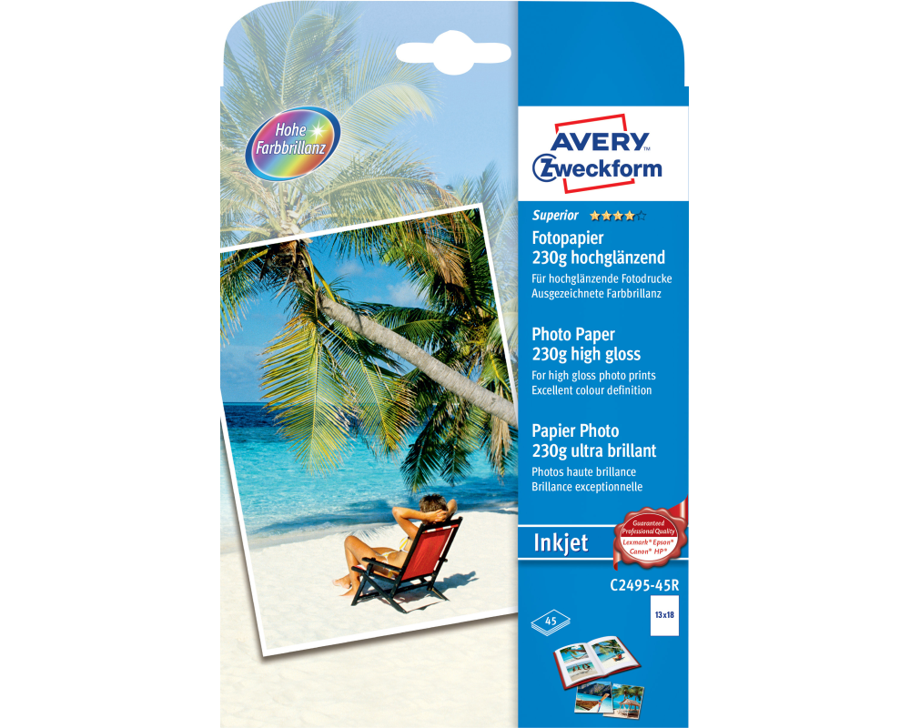 AVERY ZWECKFORM InkJet Fotopapier 13x18cm C2495-45R 230g,glossy, weiss 45 Blatt