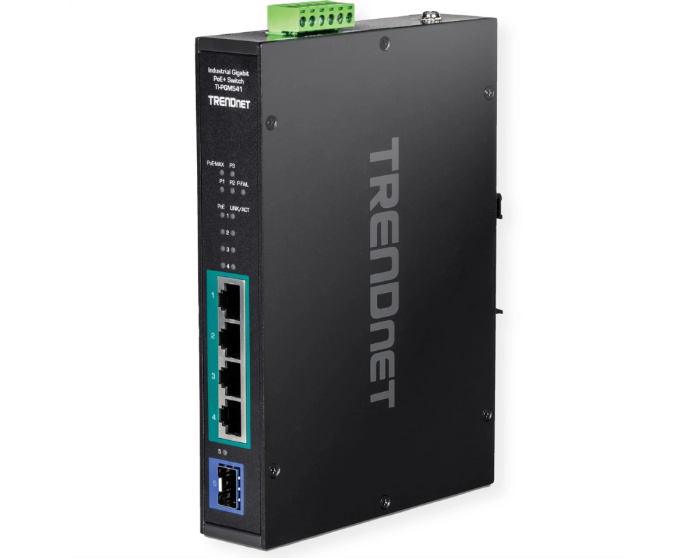 TRENDnet TI-PGM541 5 Port Rail Switch Industrial Gigabit PoE+, schwarz