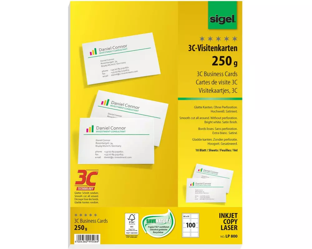 Sigel Visitenkarten-Etiketten 8.5 x 5.5 cm, 10 Blatt, 250 g, Weiss