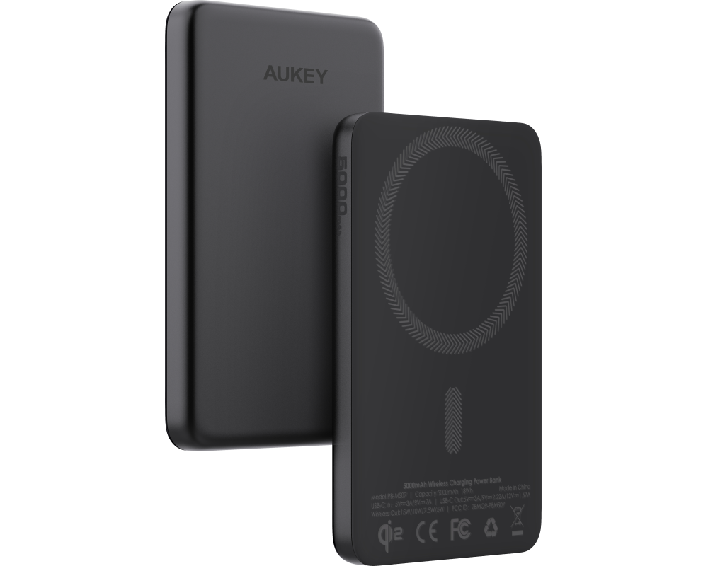 AUKEY MagFusion Slim 5000mAh PB-MS07 BG Powerbank Qi2 Wireless,Black