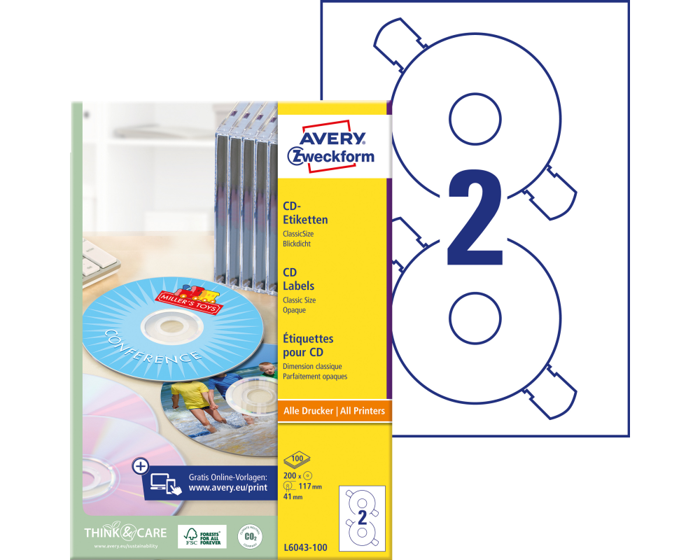AVERY ZWECKFORM CD-Etiketten Classic 117mm L6043-100 ILK A4, weiss 100Bl./2St.