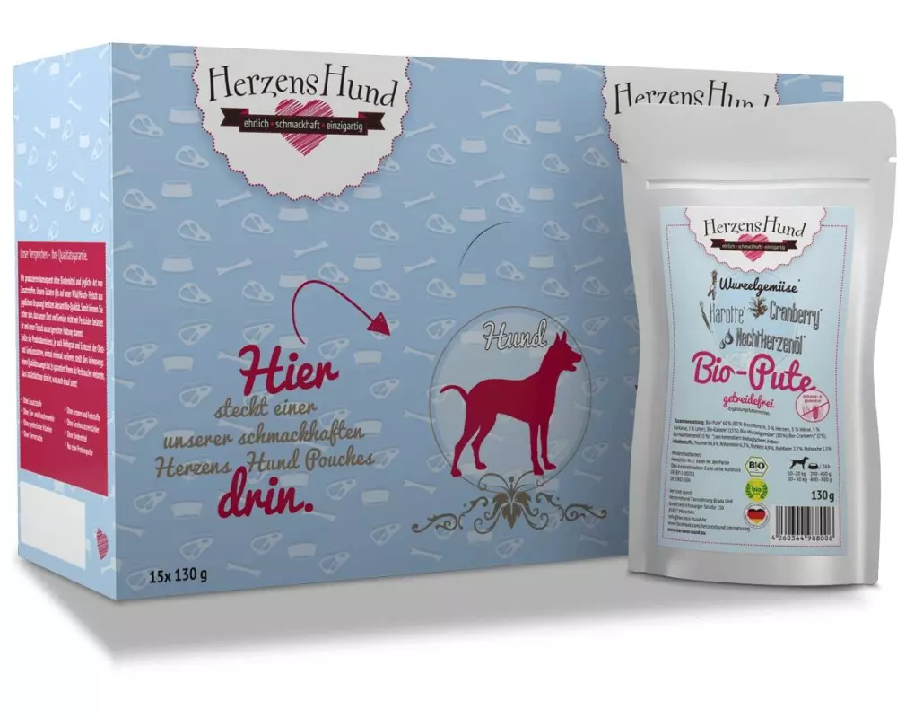 HerzensHund Nassfutter Getreidefrei Bio-Pute mit Bio-Karotte, 130 g
